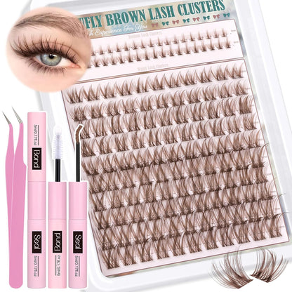 Brown Lash Clusters Kit with Bottom Lash Clusters Wispy Brown DIY Lash Extension Kit Natural C-Curly Eyelash Clusters Invisible Band Lash Clusters with Lash Bond and Seal Lash Applicator