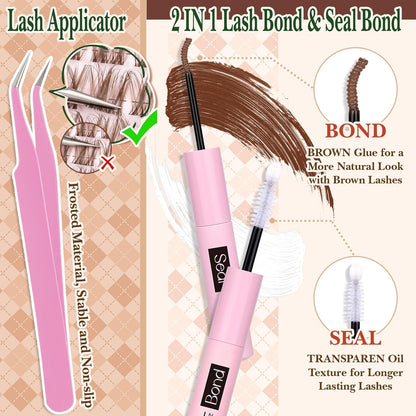 Brown Lash Clusters Kit with Bottom Lash Clusters Wispy Brown DIY Lash Extension Kit Natural C-Curly Eyelash Clusters Invisible Band Lash Clusters with Lash Bond and Seal Lash Applicator