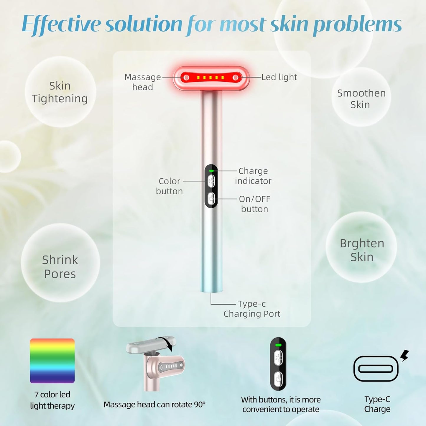 Led-Face-Wand，7 in 1 LED Light Therapy Facial Red & Blue Rejuvenation Tool