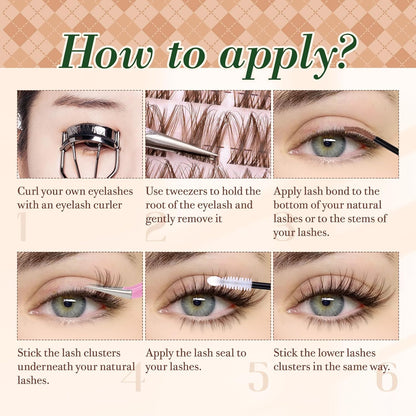 Brown Lash Clusters Kit with Bottom Lash Clusters Wispy Brown DIY Lash Extension Kit Natural C-Curly Eyelash Clusters Invisible Band Lash Clusters with Lash Bond and Seal Lash Applicator