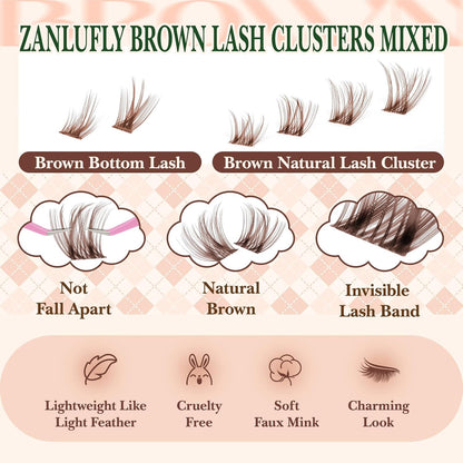 Brown Lash Clusters Kit with Bottom Lash Clusters Wispy Brown DIY Lash Extension Kit Natural C-Curly Eyelash Clusters Invisible Band Lash Clusters with Lash Bond and Seal Lash Applicator