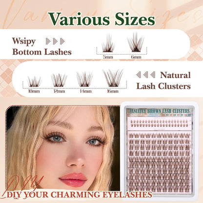 Brown Lash Clusters Kit with Bottom Lash Clusters Wispy Brown DIY Lash Extension Kit Natural C-Curly Eyelash Clusters Invisible Band Lash Clusters with Lash Bond and Seal Lash Applicator