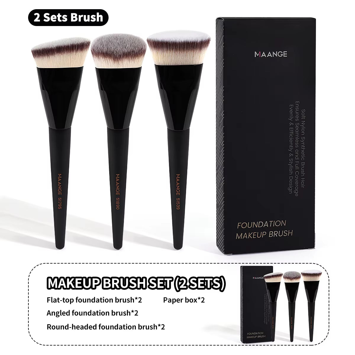 3Pcs Makeup Brush Set Angle round Flat Head Foundation Brush Soft Bristle with Box Skin-Friendly Makeup Tool for Beauty